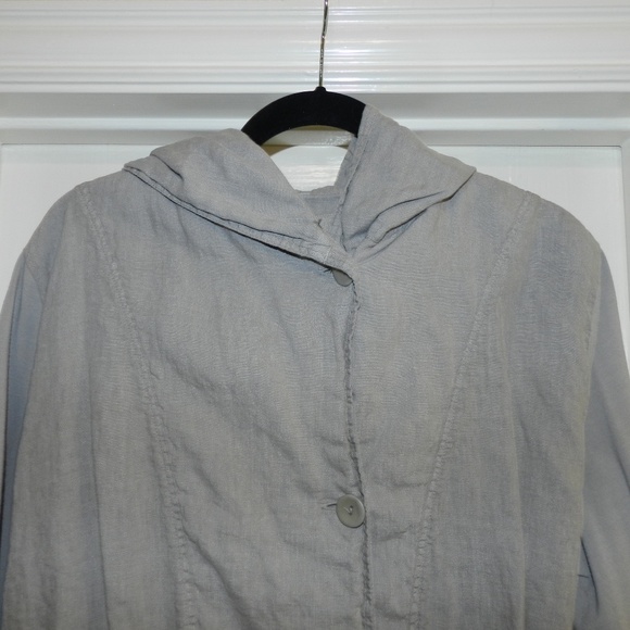 Flax Linen Button Front Hooded Jacket Drawstring Waist - Picture 3 of 12